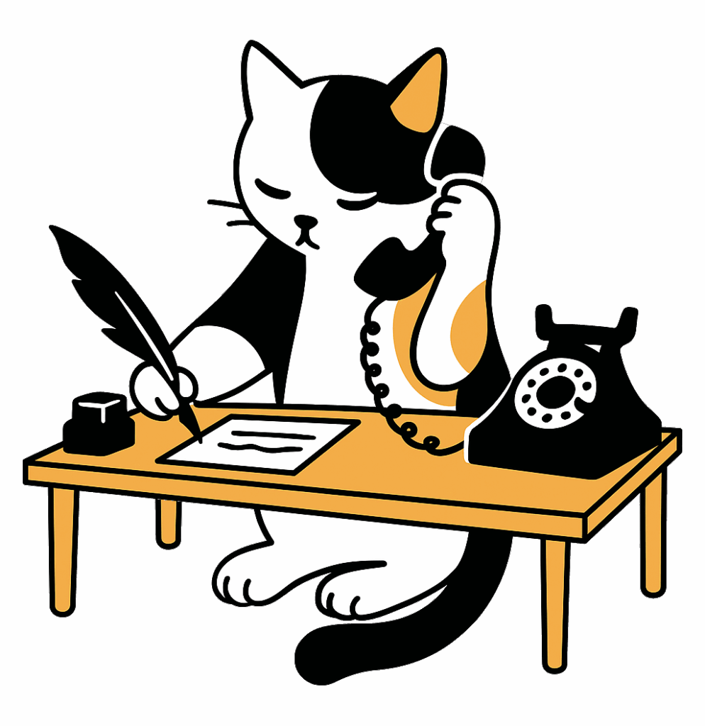 Un chat prend en note les coordonnées des clients en recevant un appel téléphonique pour une prise de rendez-vous pour une consultation de comportementaliste félin et de naturopathie et de petsitting. Ce chat est accueillant et est assis à un bureau . Le chat est de trois couleurs et il n attend que vous. Pour le bien être de votre chat appelez moi au 06 42 52 42 59.